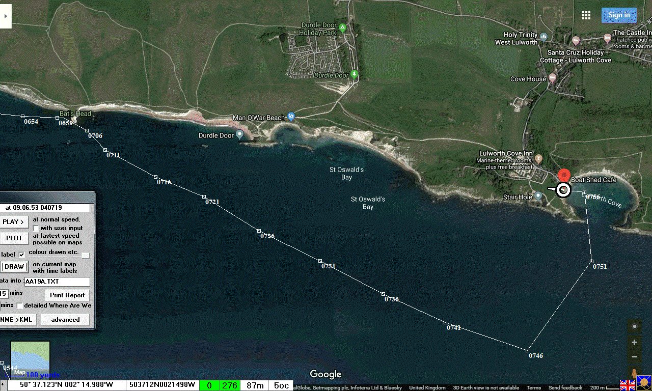 GPSS based GPS Simulator plot Snoopy's end to his journey in Lulworth Cove