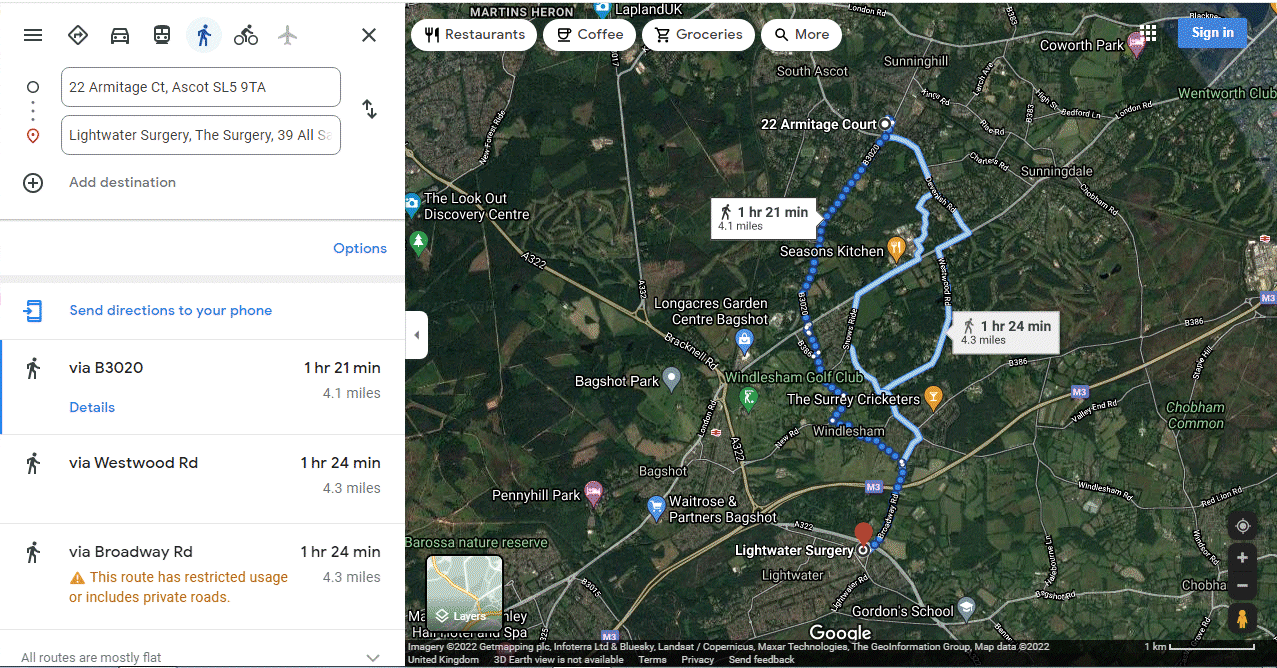 Walk to Lightwater Surgery from 22 Armitage Court